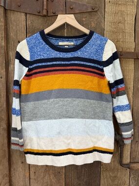 LOFT Women’s Petites Multi Stripe Sweater Blue Yellow MP EUC Mohair Wool Blend